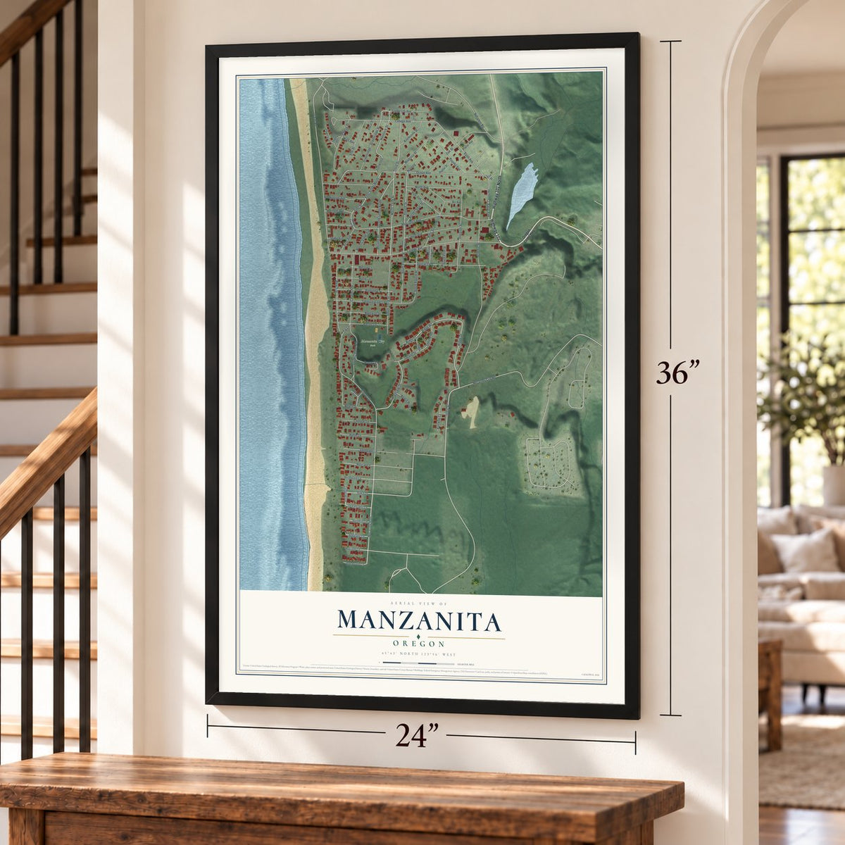 Manzanita, Oregon map, 24 x 36 inch print in a black frame by a staircase