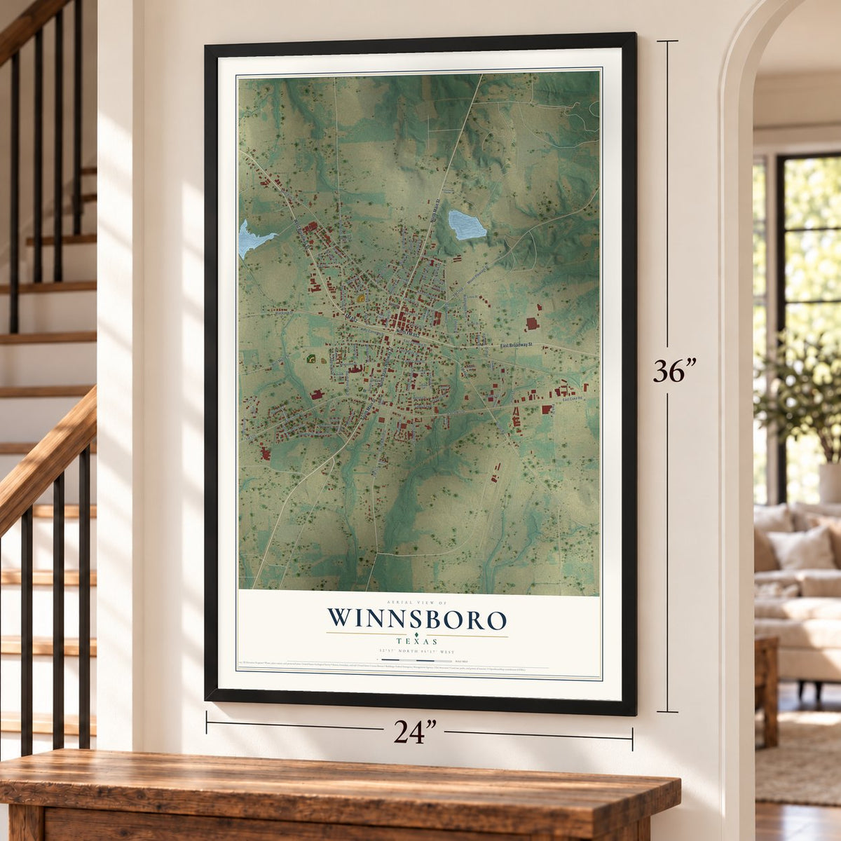 Winnsboro, Texas map, 24 x 36 inch print in a black frame by a staircase