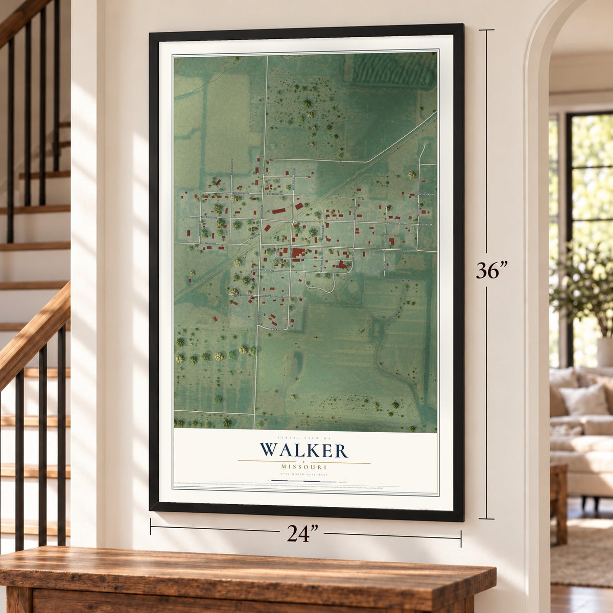 Walker, Missouri map, 24 x 36 inch print in a black frame by a staircase