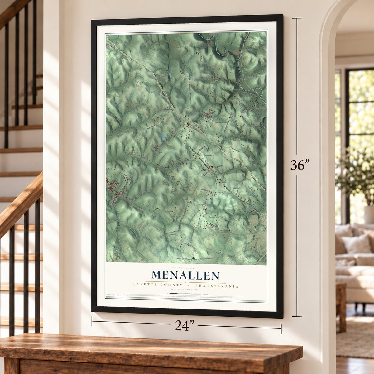 Menallen, Fayette County, Pennsylvania map, 24 x 36 inch print in a black frame by a staircase