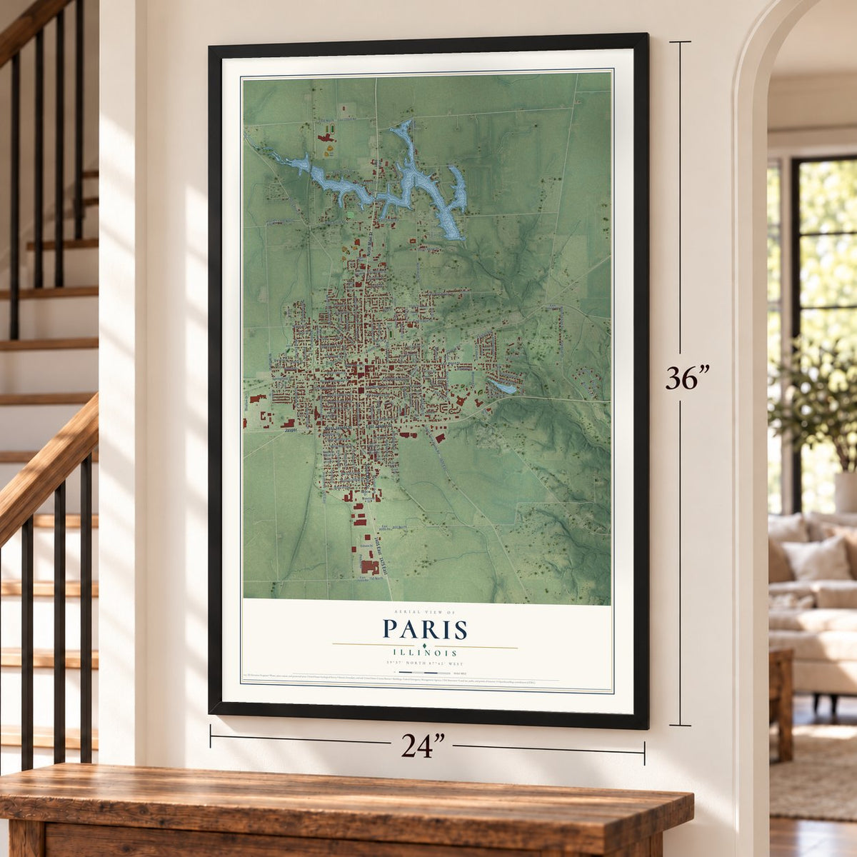 Paris, Illinois map, 24 x 36 inch print in a black frame by a staircase