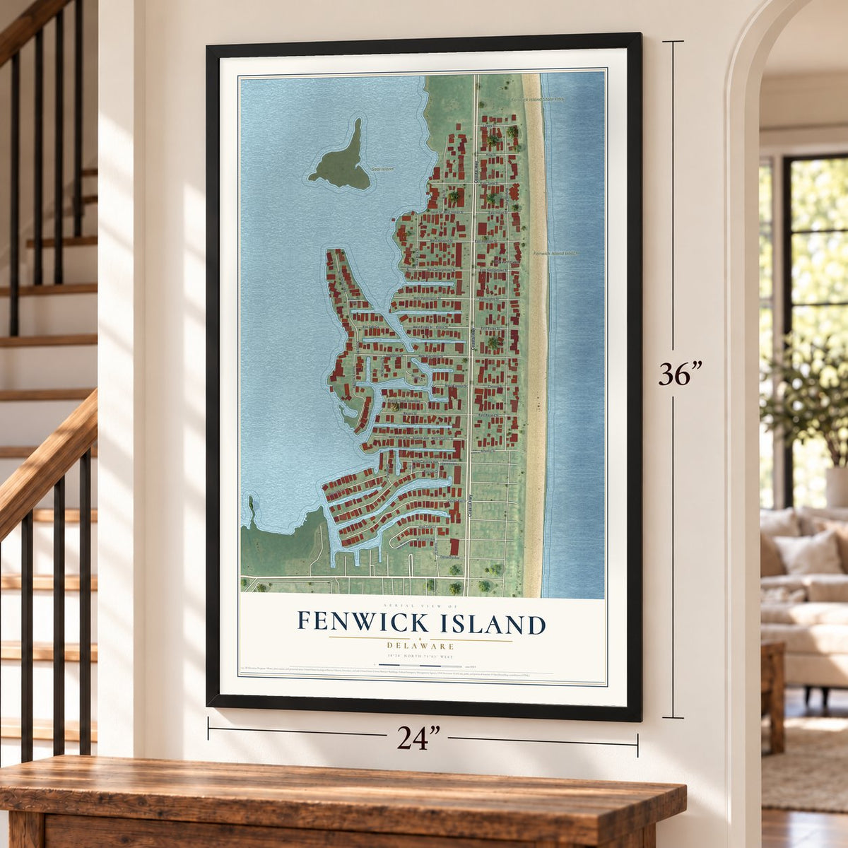 Fenwick Island, Delaware map, 24 x 36 inch print in a black frame by a staircase