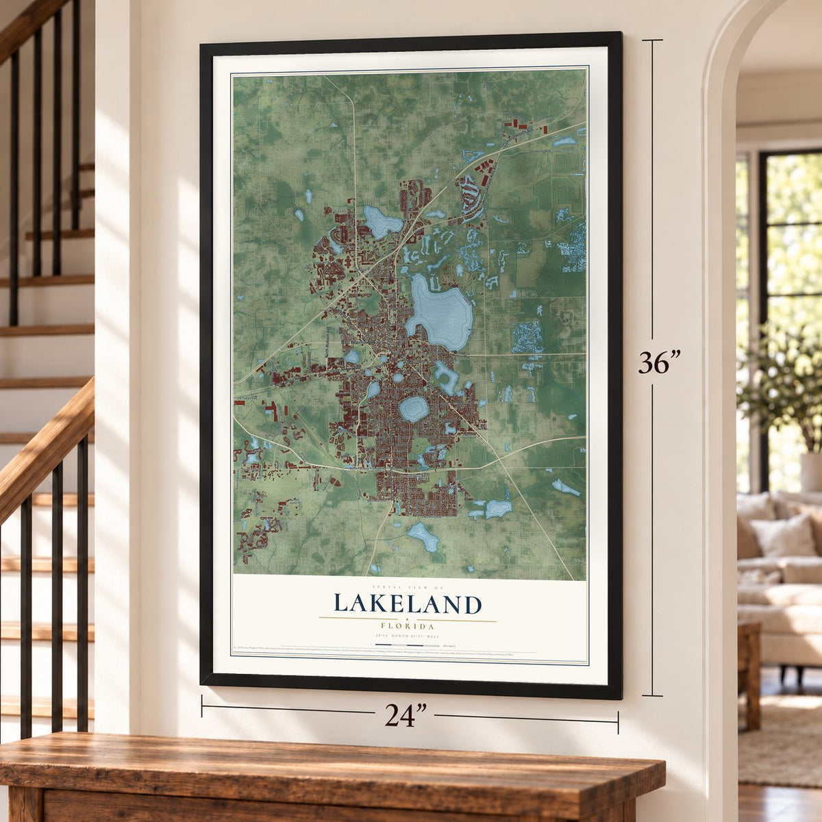 Lakeland, Florida map, 24 x 36 inch print in a black frame by a staircase