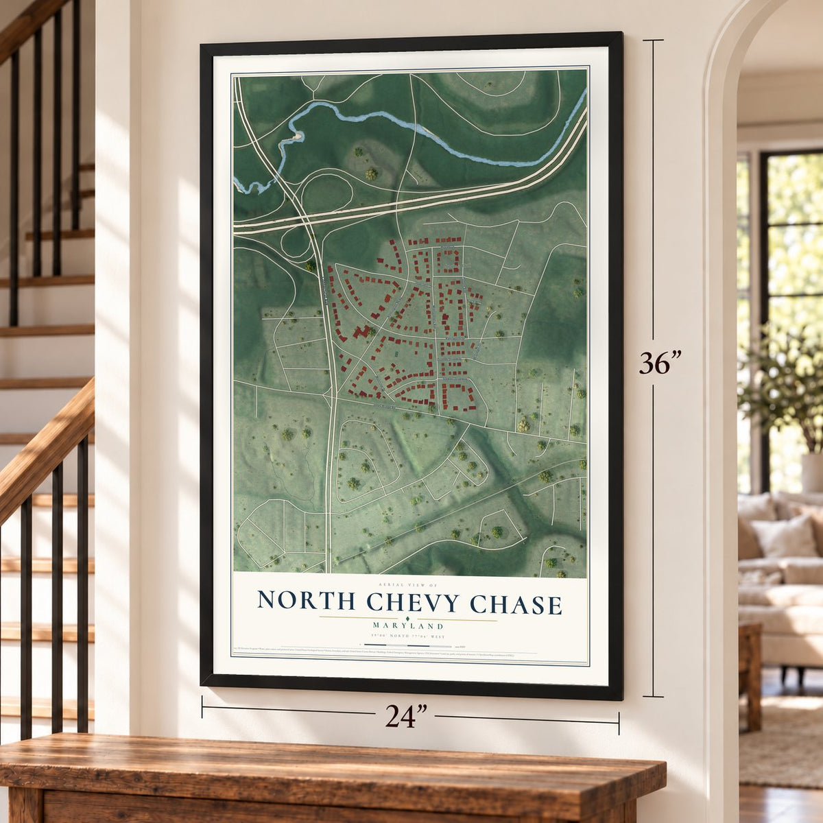 North Chevy Chase, Maryland map, 24 x 36 inch print in a black frame by a staircase