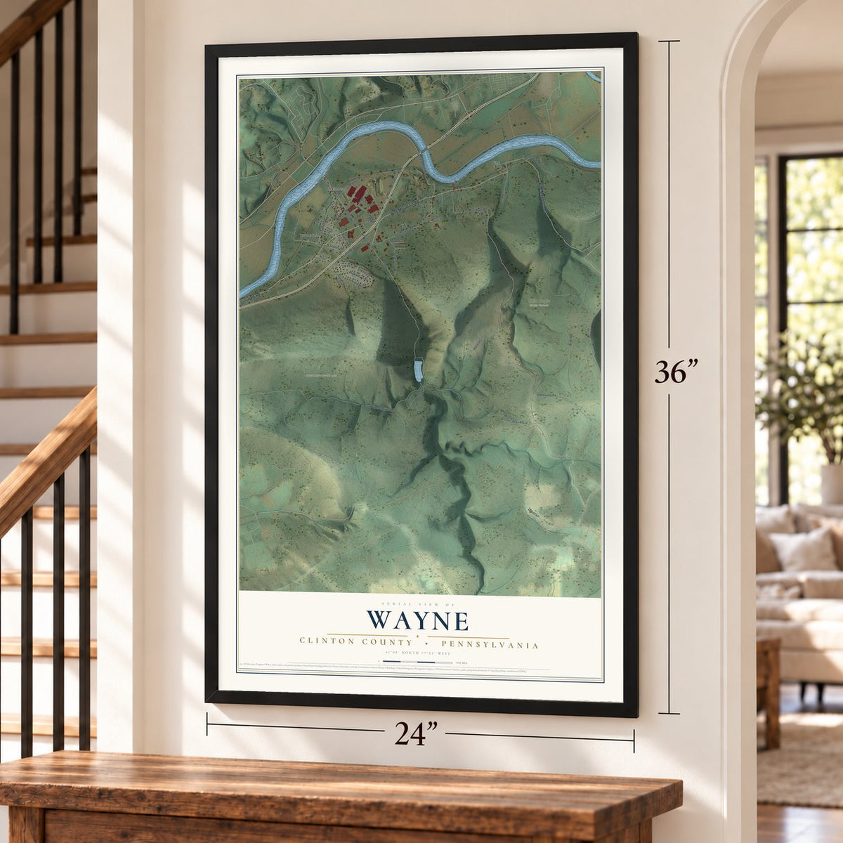 Wayne, Clinton County, Pennsylvania map, 24 x 36 inch print in a black frame by a staircase