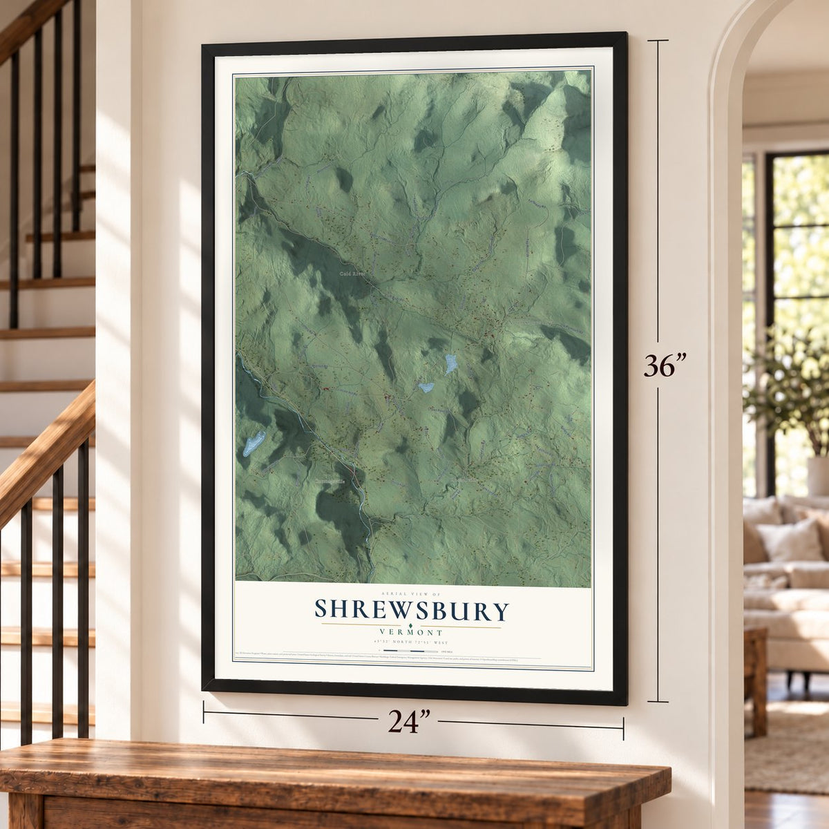 Shrewsbury, Vermont map, 24 x 36 inch print in a black frame by a staircase