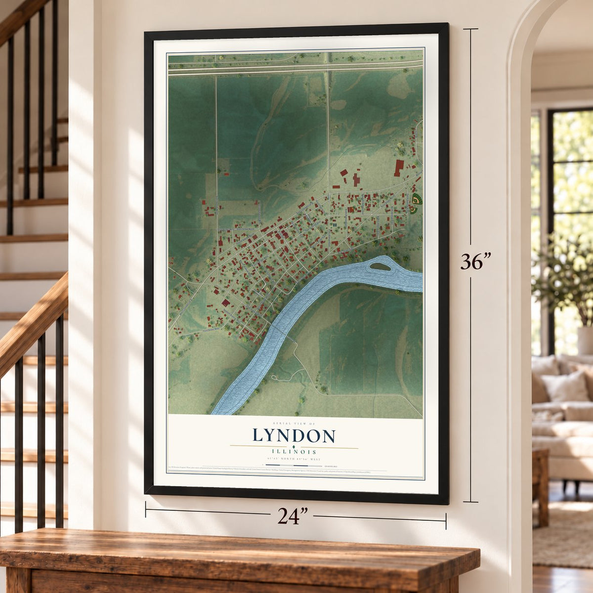 Lyndon, Illinois map, 24 x 36 inch print in a black frame by a staircase