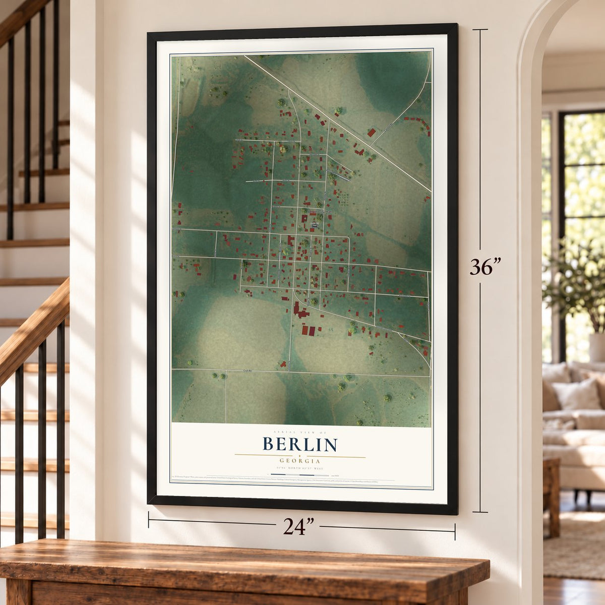 Berlin, Georgia map, 24 x 36 inch print in a black frame by a staircase