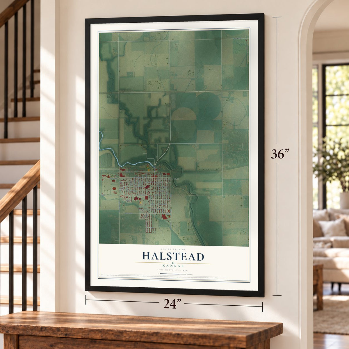 Halstead, Kansas map, 24 x 36 inch print in a black frame by a staircase