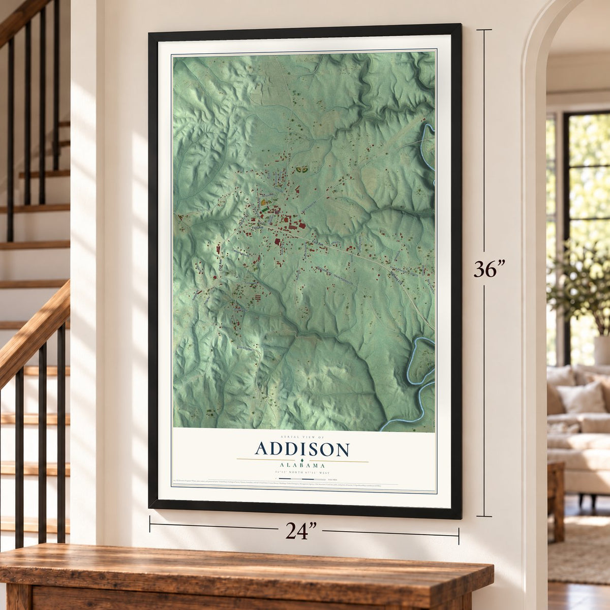 Addison, Alabama map, 24 x 36 inch print in a black frame by a staircase