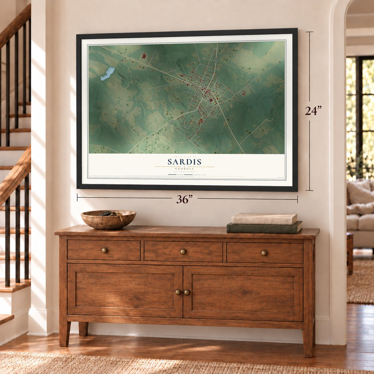 Sardis, Georgia map, 24 x 36 inch print in a black frame above a dresser by a staircase