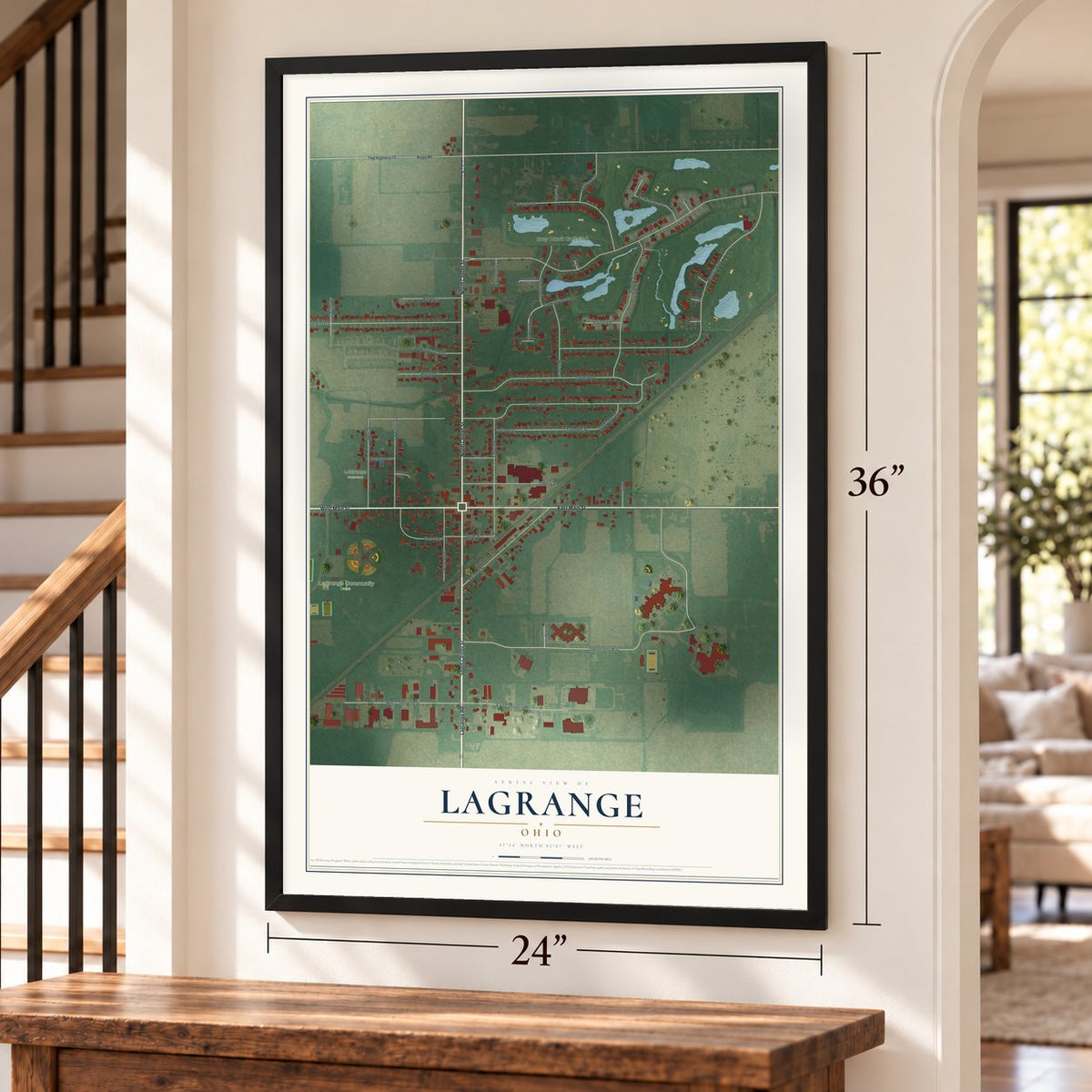 LaGrange, Ohio map, 24 x 36 inch print in a black frame by a staircase