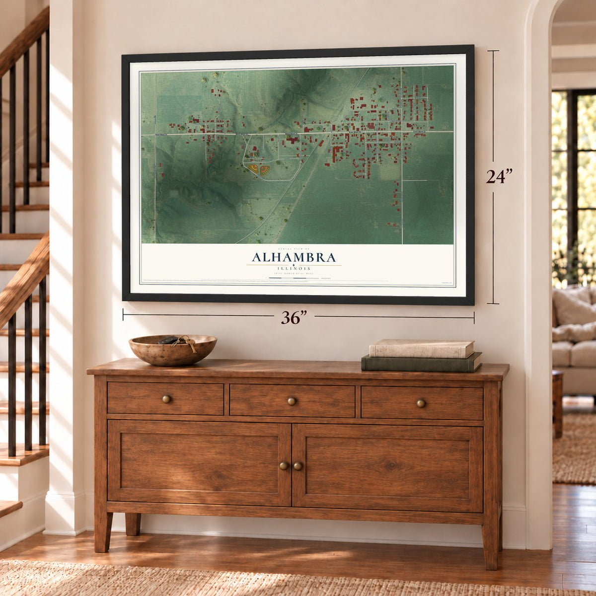 Alhambra, Illinois map, 24 x 36 inch print in a black frame above a dresser by a staircase