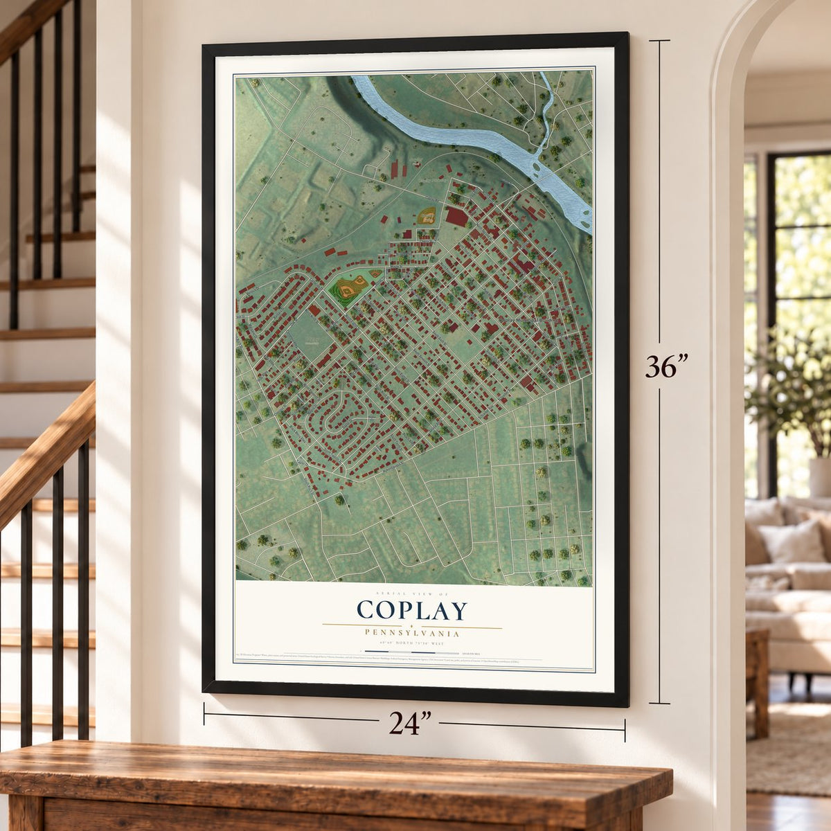 Coplay, Pennsylvania map, 24 x 36 inch print in a black frame by a staircase