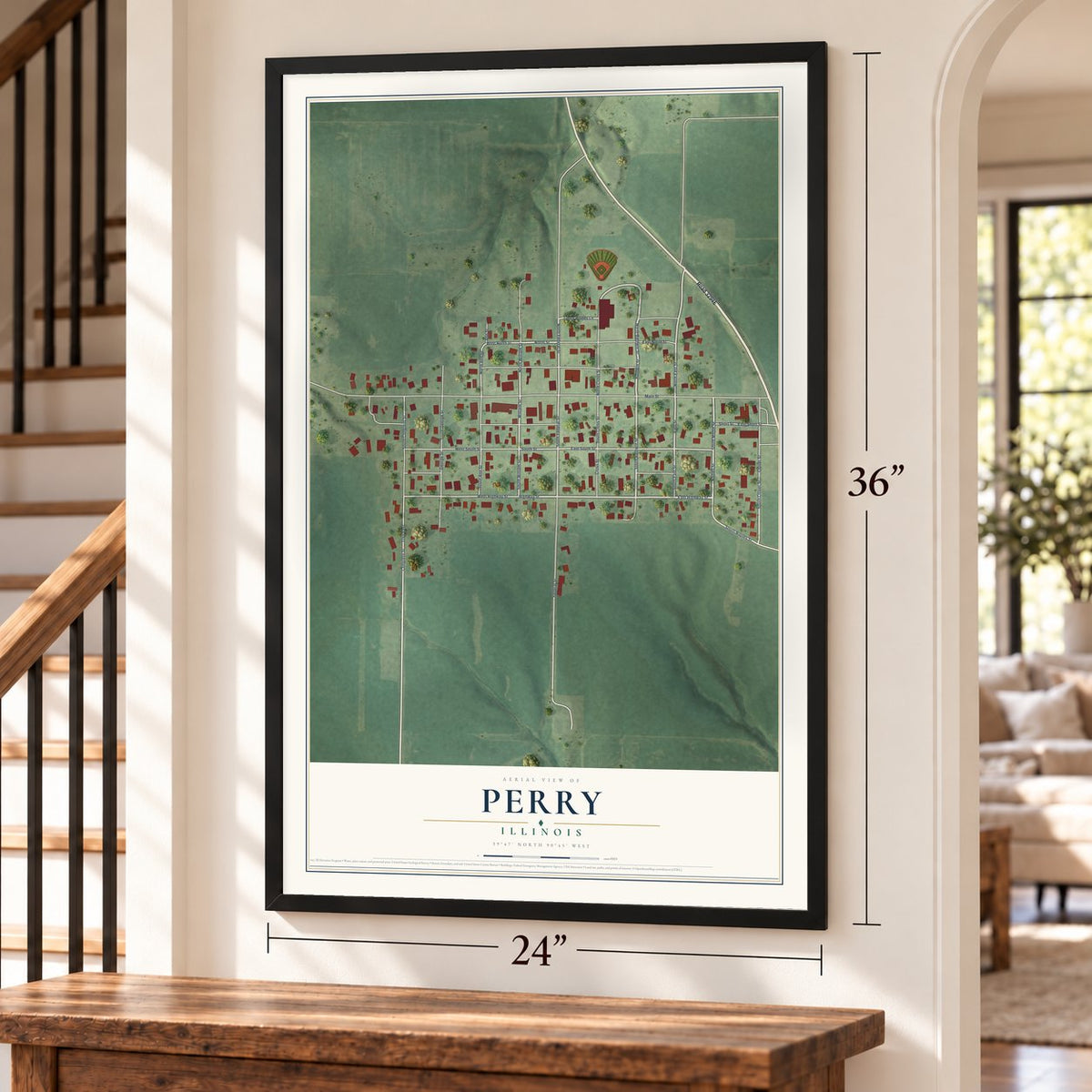 Perry, Illinois map, 24 x 36 inch print in a black frame by a staircase