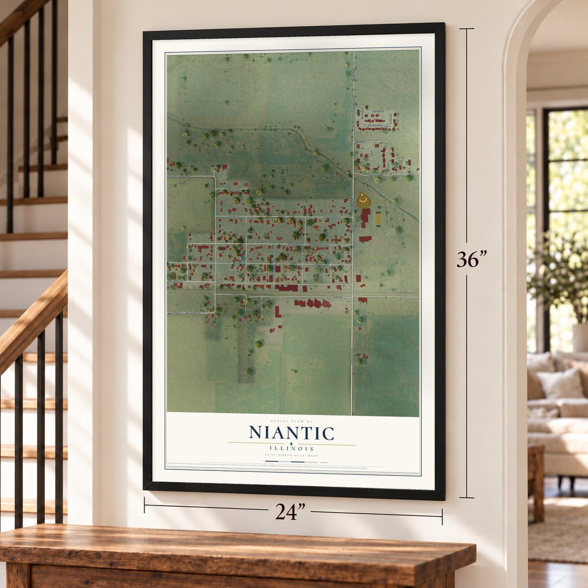 Niantic, Illinois map, 24 x 36 inch print in a black frame by a staircase