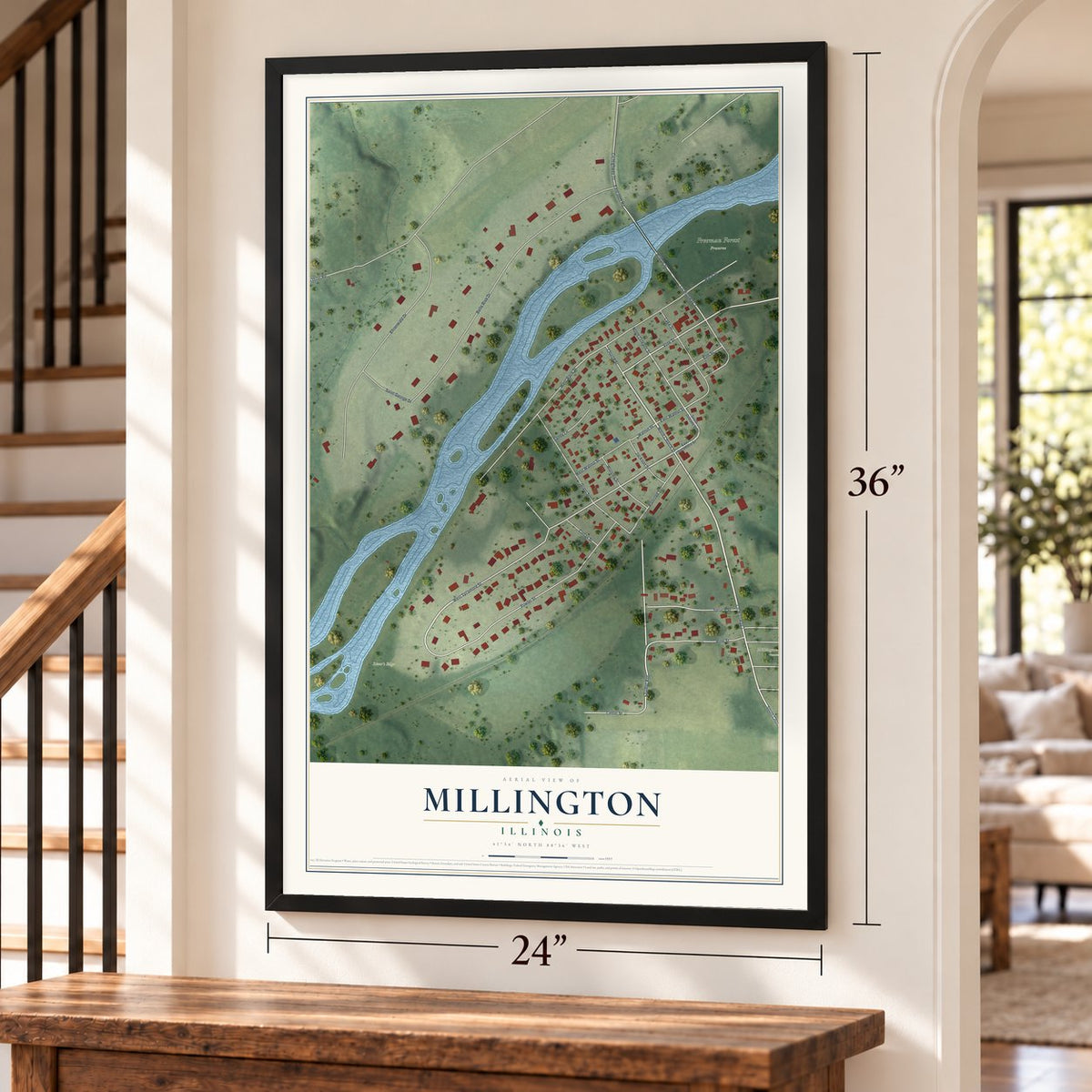 Millington, Illinois map, 24 x 36 inch print in a black frame by a staircase