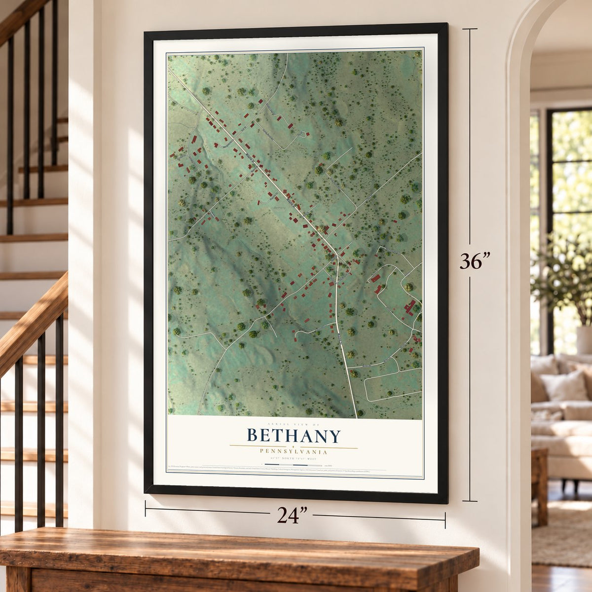 Bethany, Pennsylvania map, 24 x 36 inch print in a black frame by a staircase