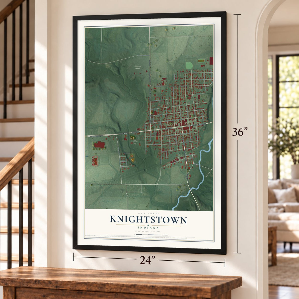 Knightstown, Indiana map, 24 x 36 inch print in a black frame by a staircase