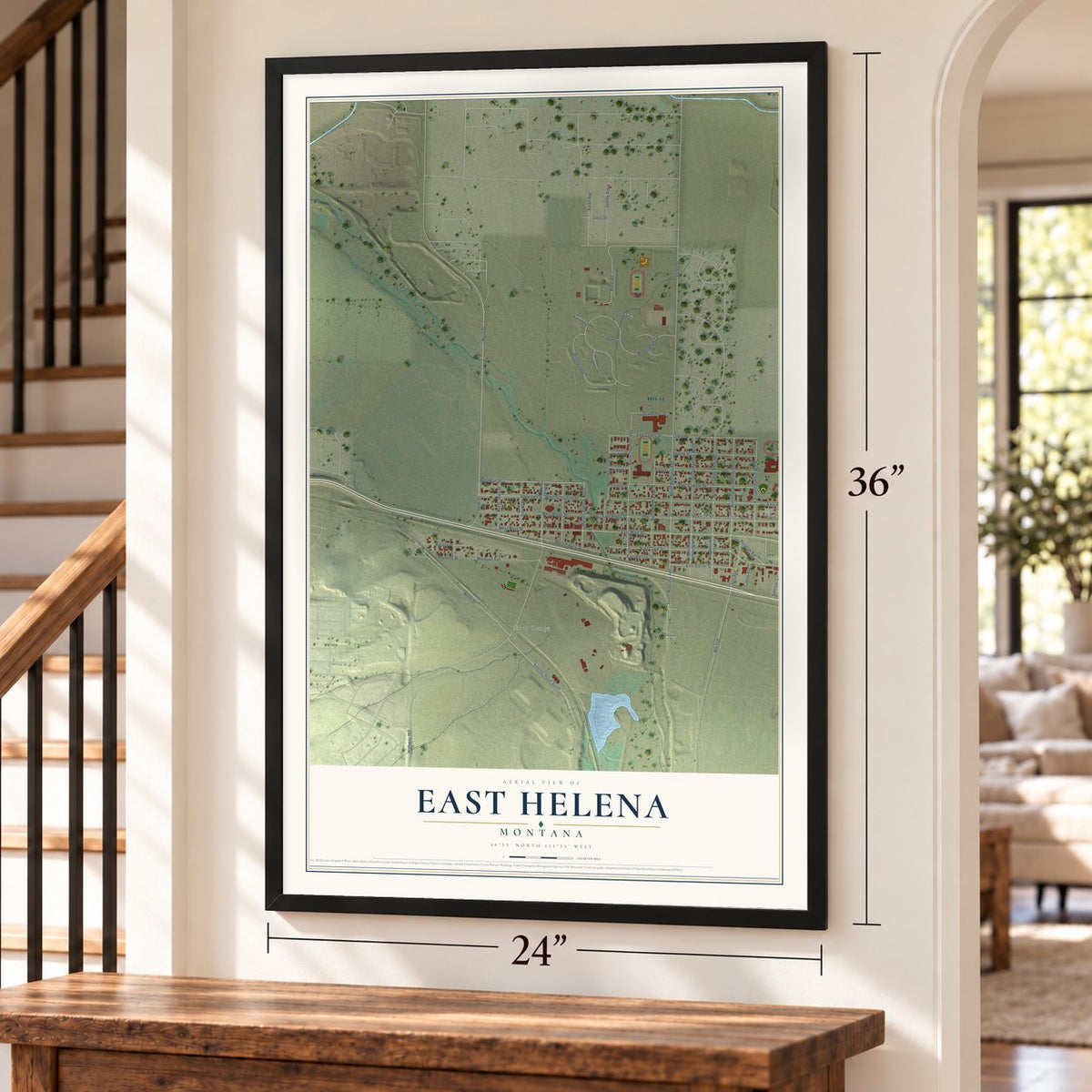 East Helena, Montana map, 24 x 36 inch print in a black frame by a staircase