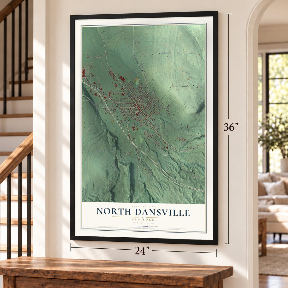 North Dansville, New York map, 24 x 36 inch print in a black frame by a staircase