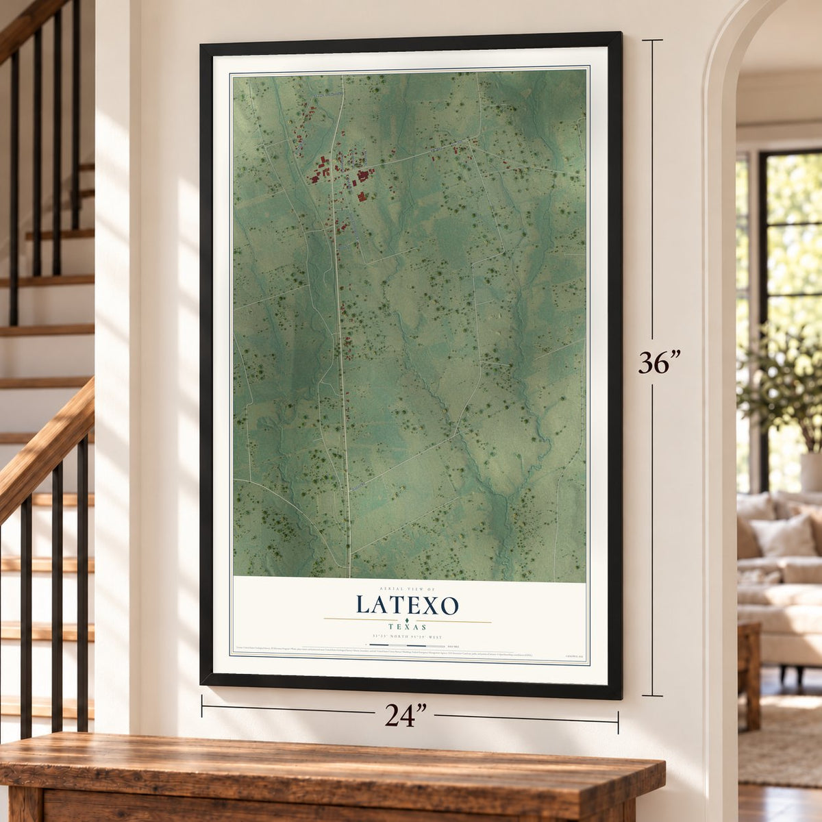 Latexo, Texas map, 24 x 36 inch print in a black frame by a staircase