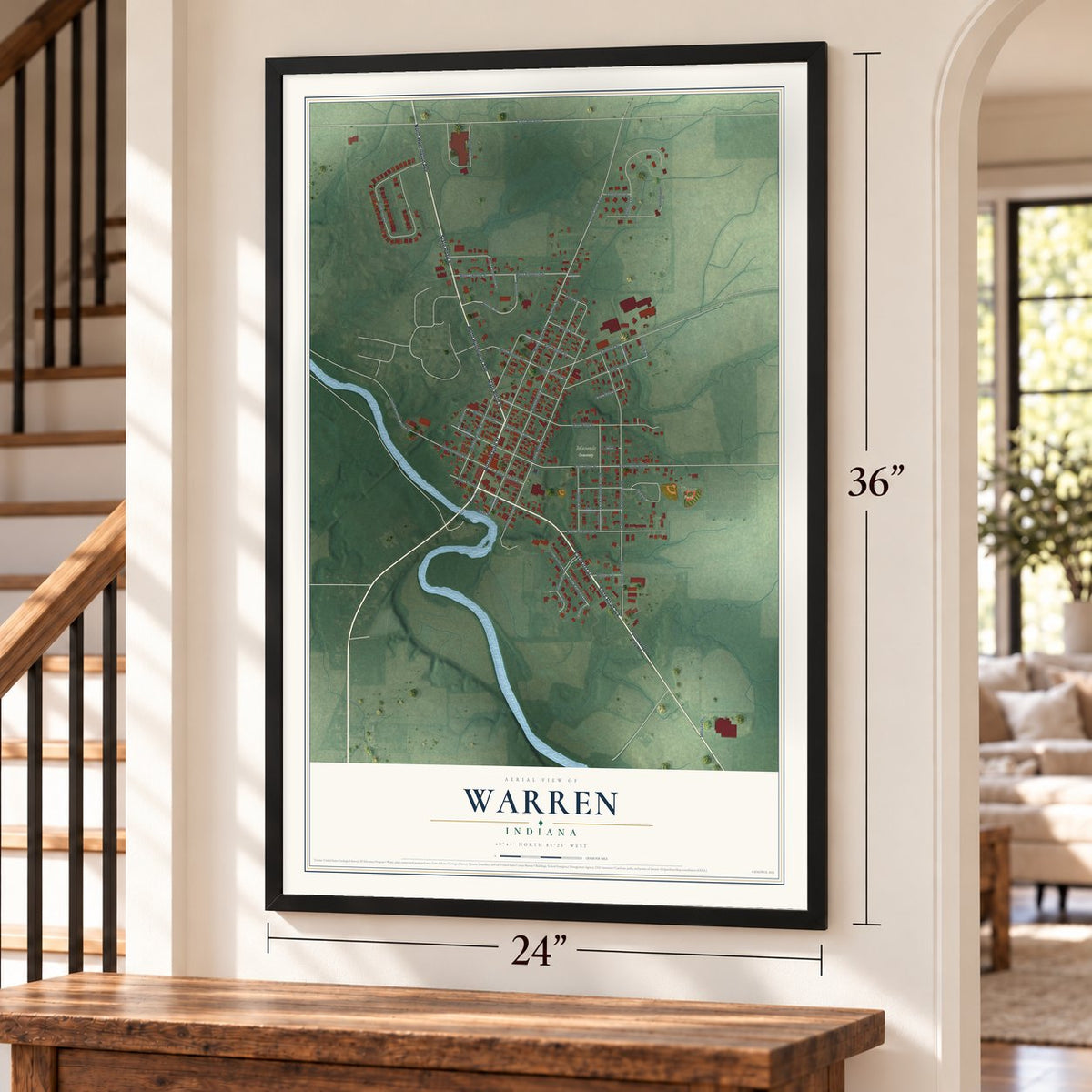 Warren, Indiana map, 24 x 36 inch print in a black frame by a staircase