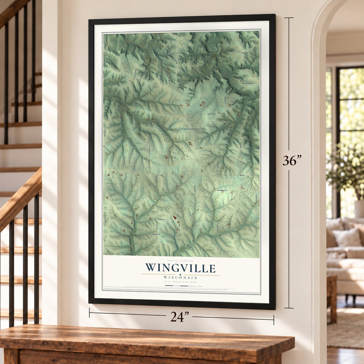 Wingville, Wisconsin map, 24 x 36 inch print in a black frame by a staircase