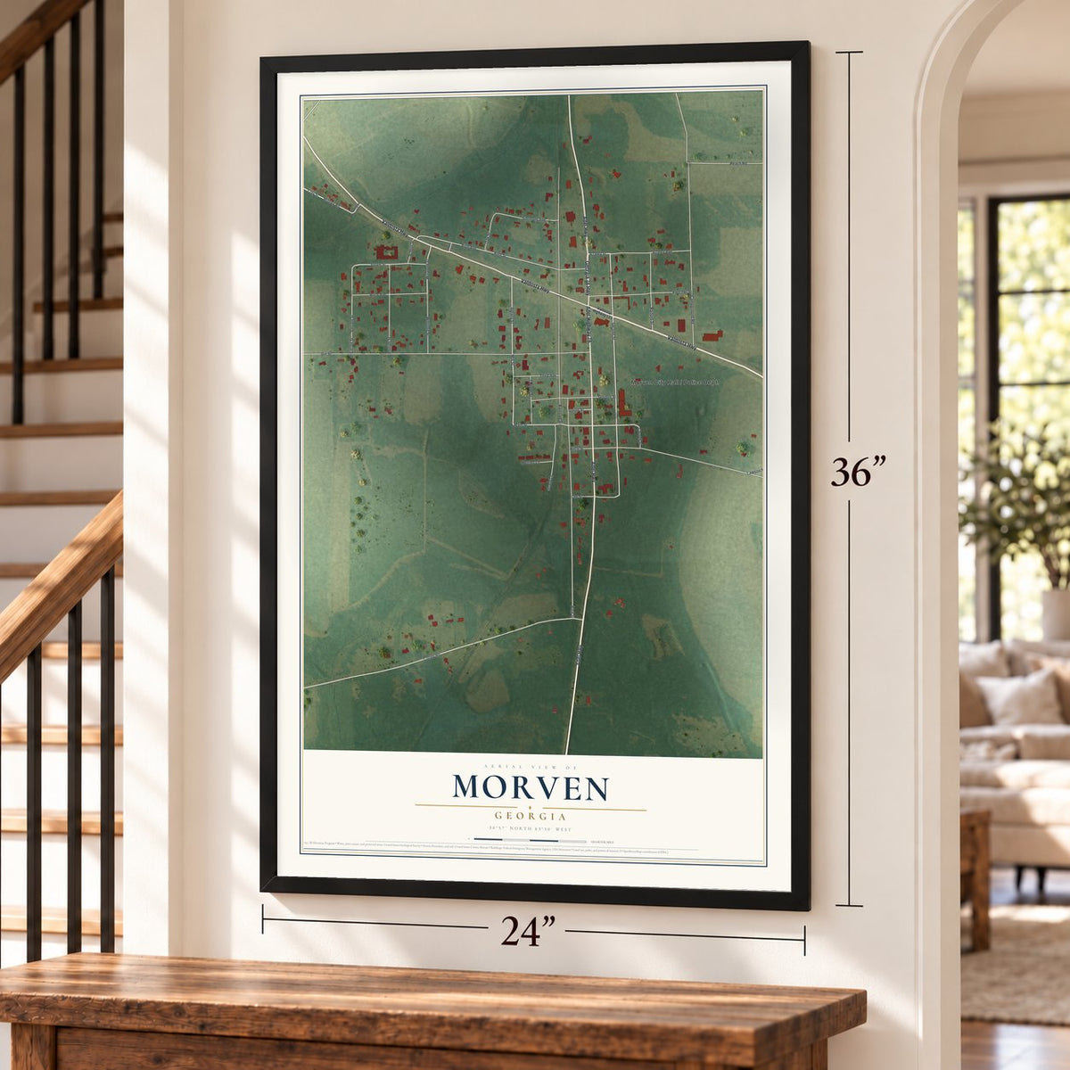 Morven, Georgia map, 24 x 36 inch print in a black frame by a staircase