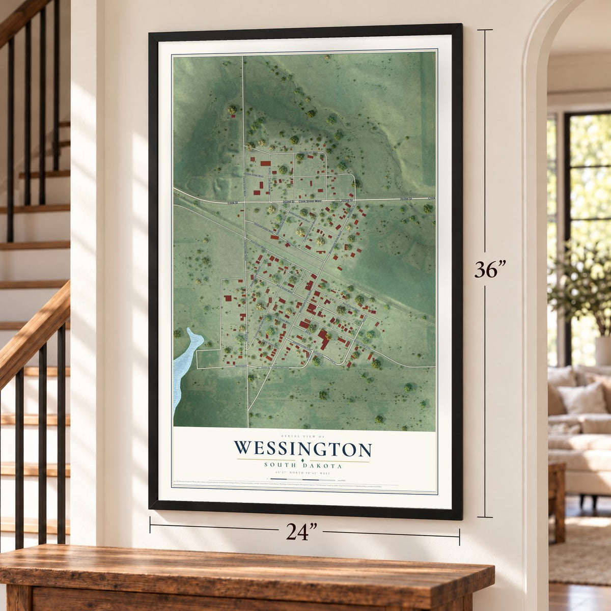 Wessington, South Dakota map, 24 x 36 inch print in a black frame by a staircase