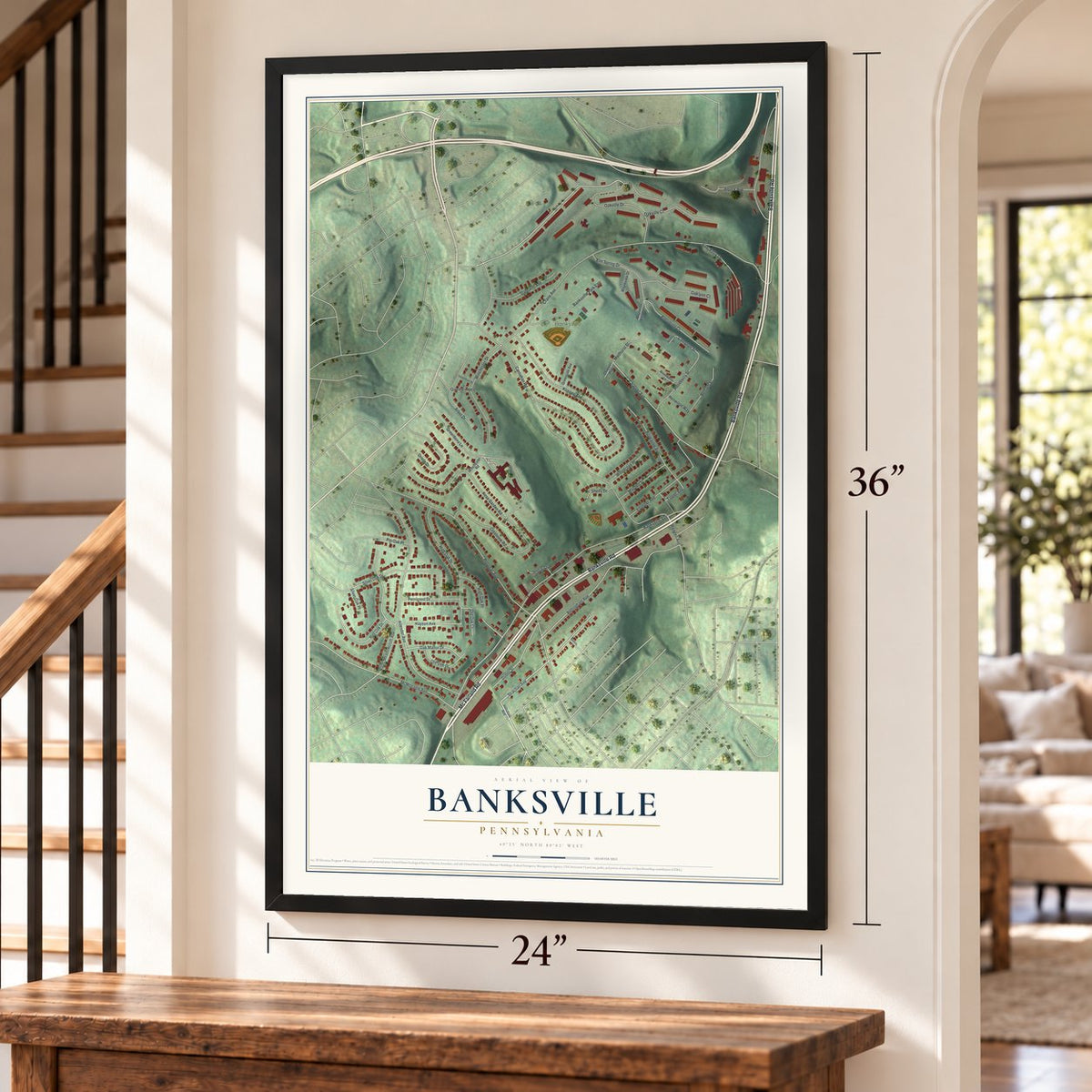 Banksville, Pennsylvania map, 24 x 36 inch print in a black frame by a staircase