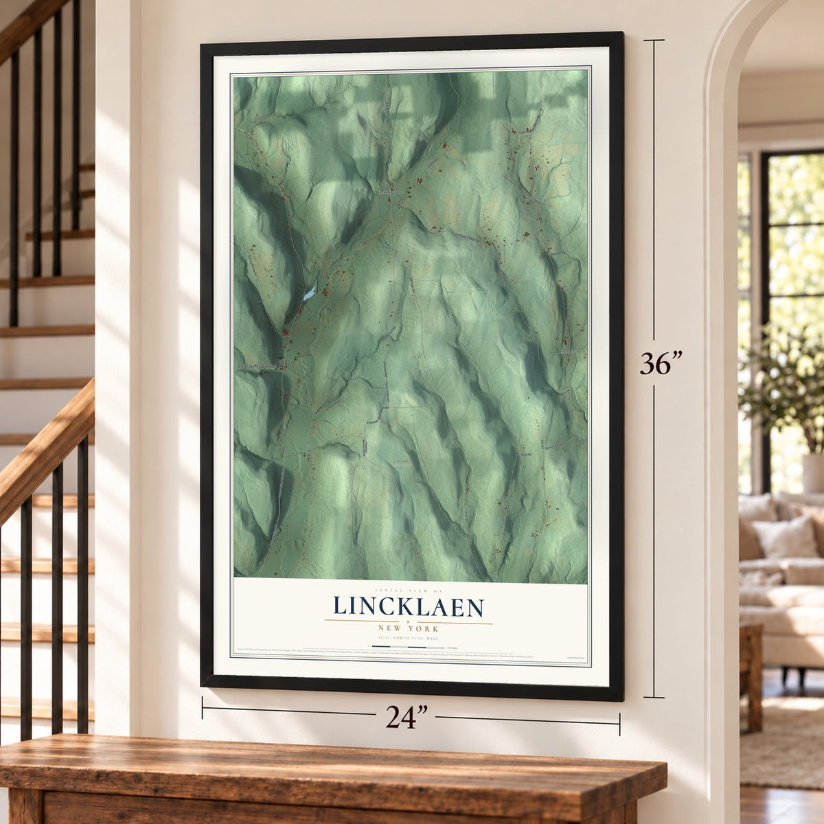 Lincklaen, New York map, 24 x 36 inch print in a black frame by a staircase