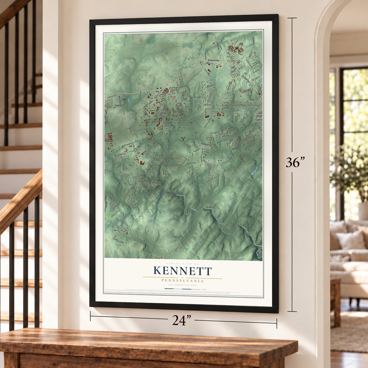 Kennett, Pennsylvania map, 24 x 36 inch print in a black frame by a staircase