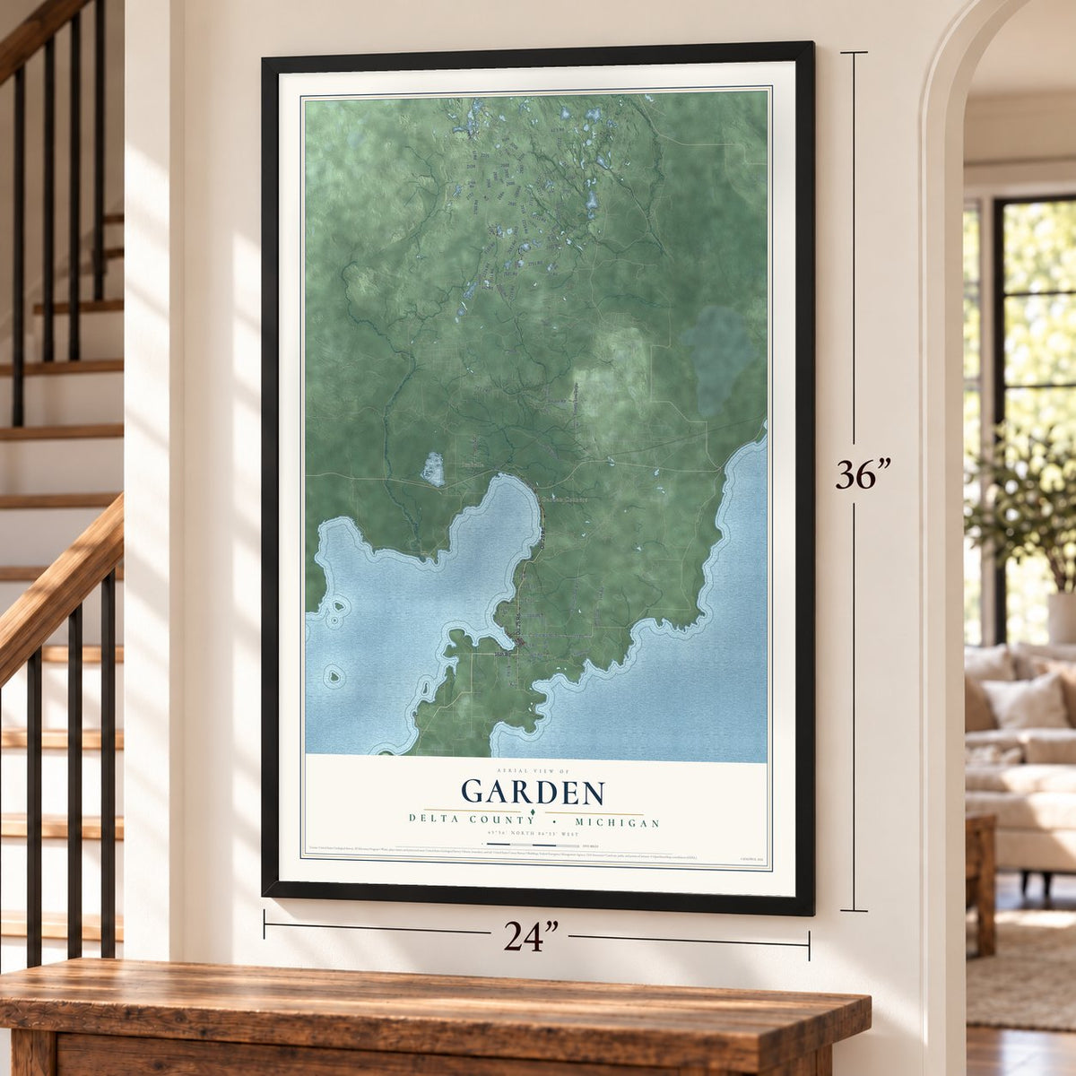 Garden, Delta County, Michigan map, 24 x 36 inch print in a black frame by a staircase