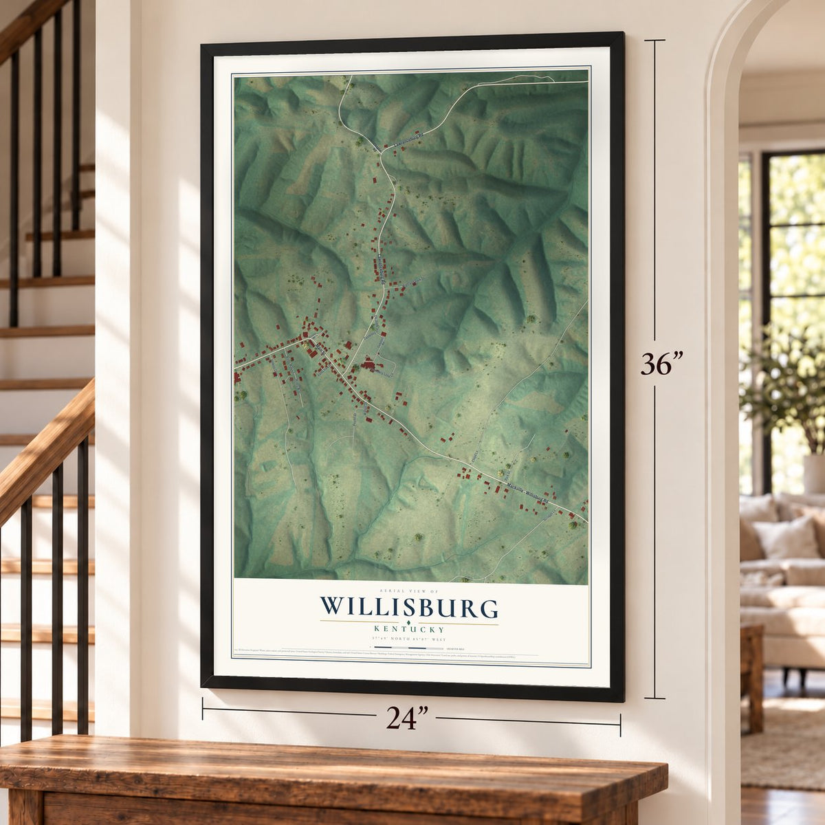 Willisburg, Kentucky map, 24 x 36 inch print in a black frame by a staircase