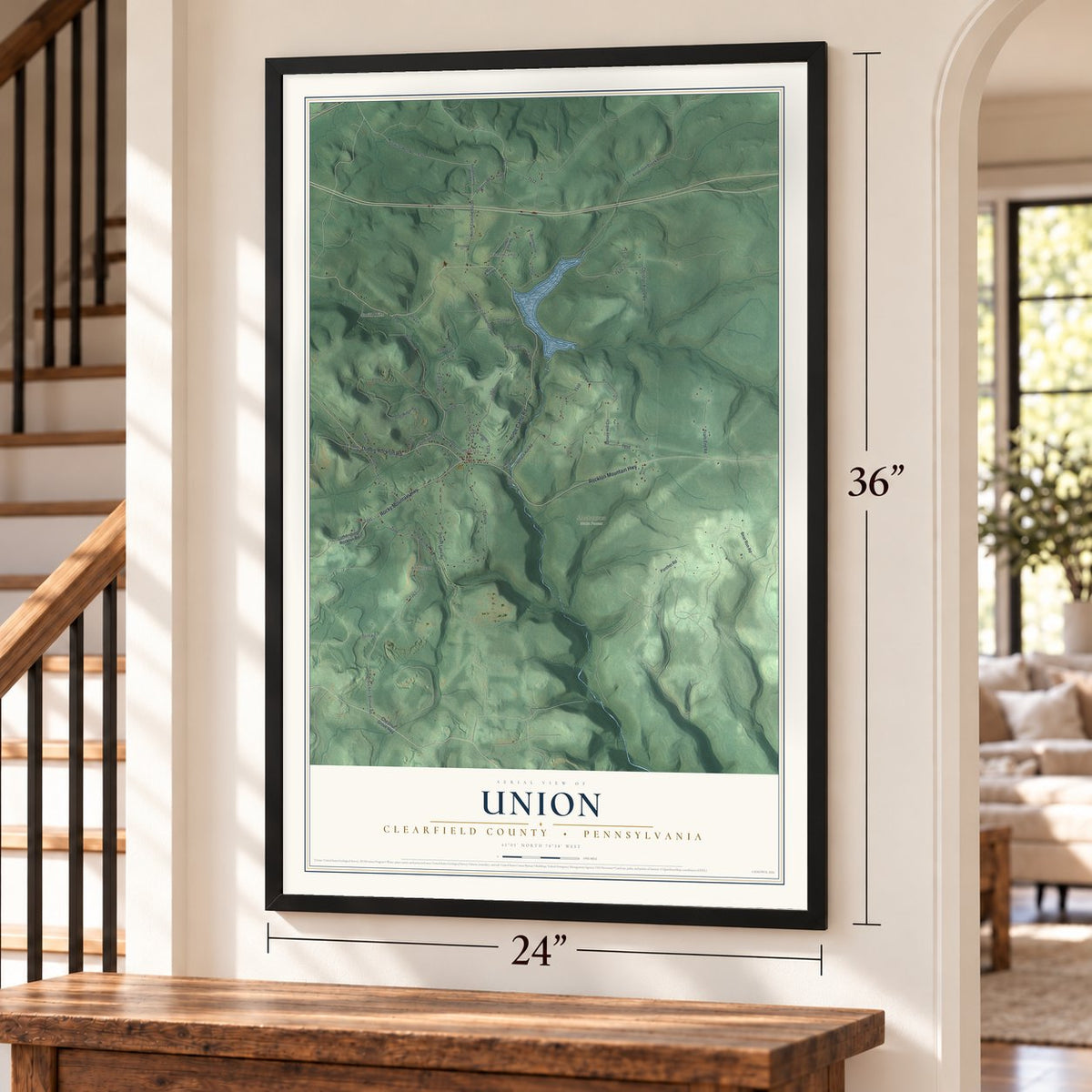 Union, Clearfield County, Pennsylvania map, 24 x 36 inch print in a black frame by a staircase