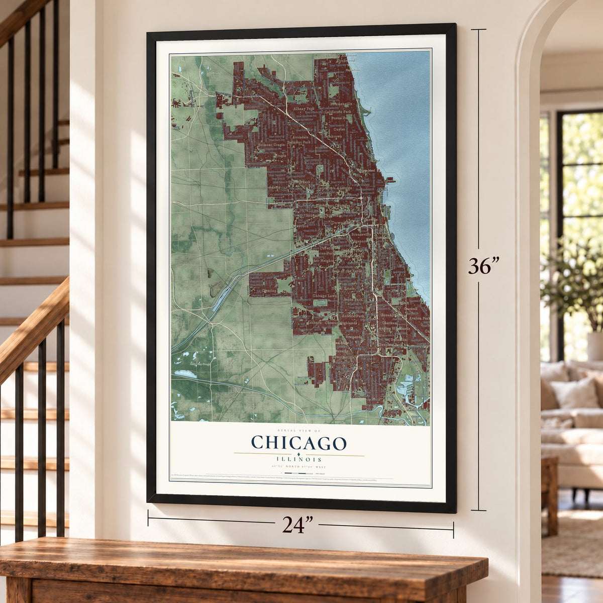 Chicago, Illinois map, 24 x 36 inch print in a black frame by a staircase