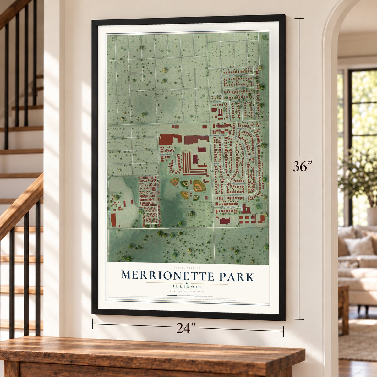 Merrionette Park, Illinois map, 24 x 36 inch print in a black frame by a staircase