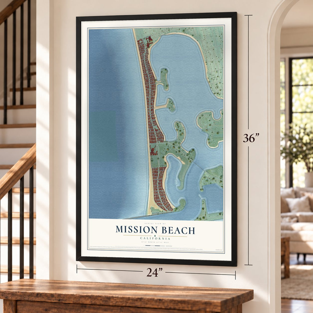 Mission Beach, California map, 24 x 36 inch print in a black frame by a staircase
