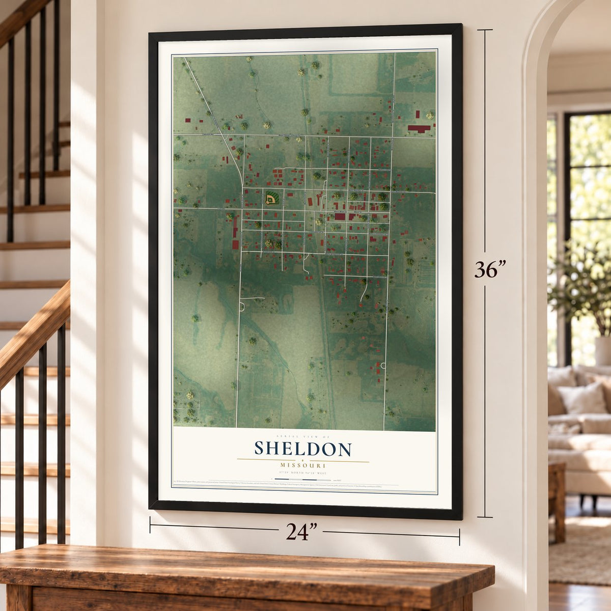 Sheldon, Missouri map, 24 x 36 inch print in a black frame by a staircase