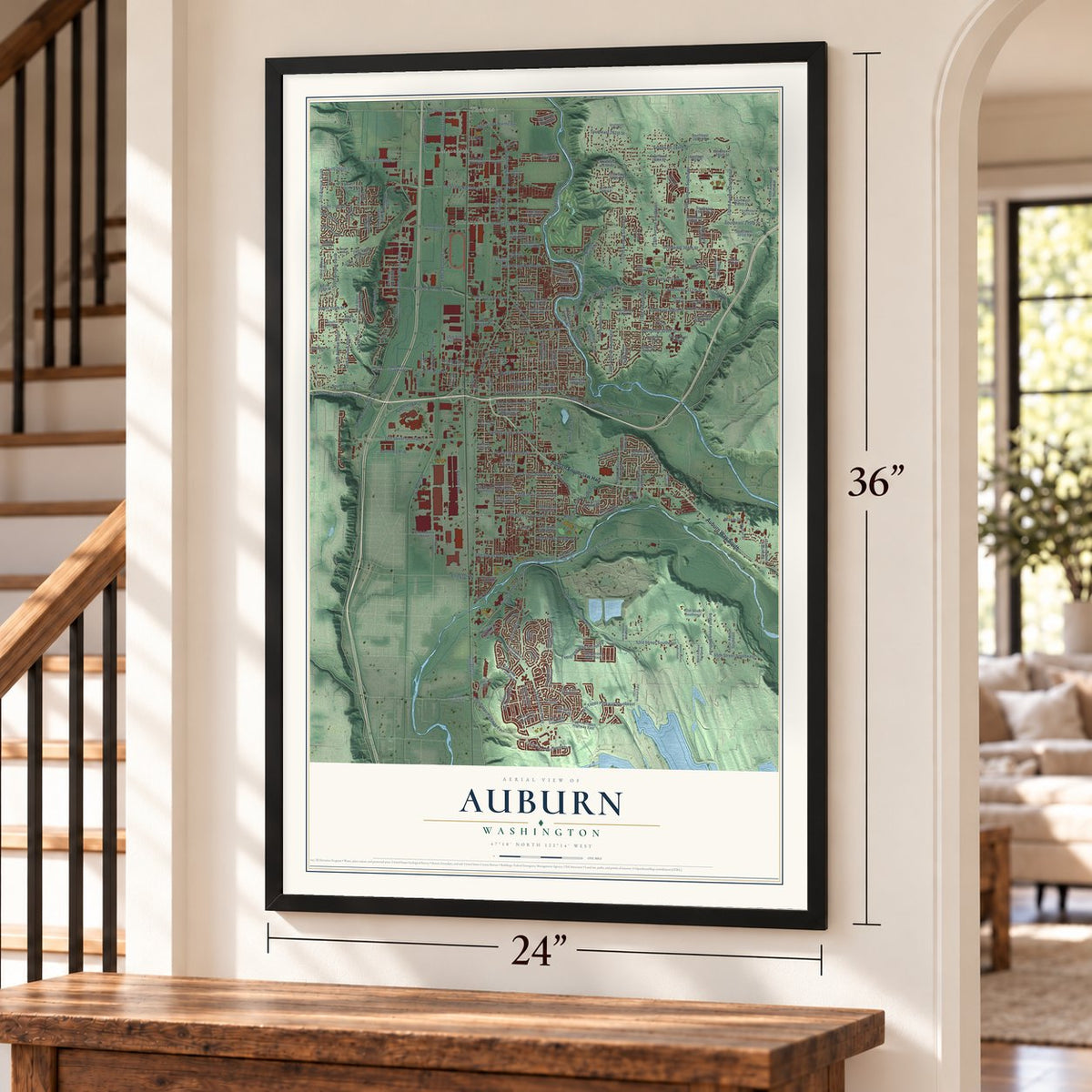 Auburn, Washington map, 24 x 36 inch print in a black frame by a staircase
