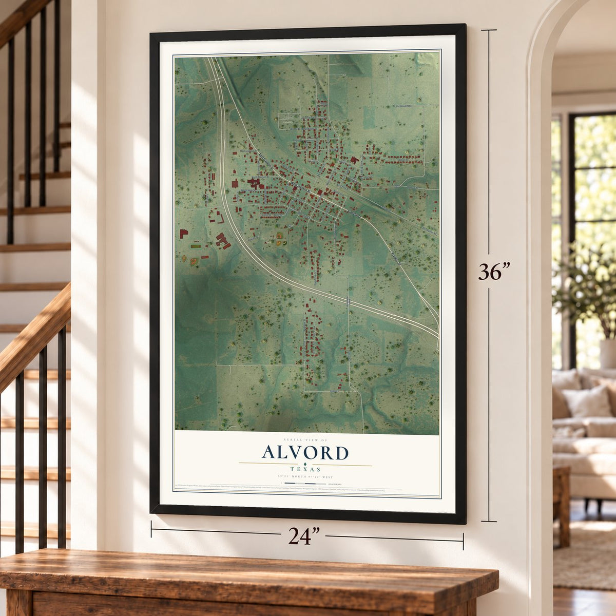 Alvord, Texas map, 24 x 36 inch print in a black frame by a staircase