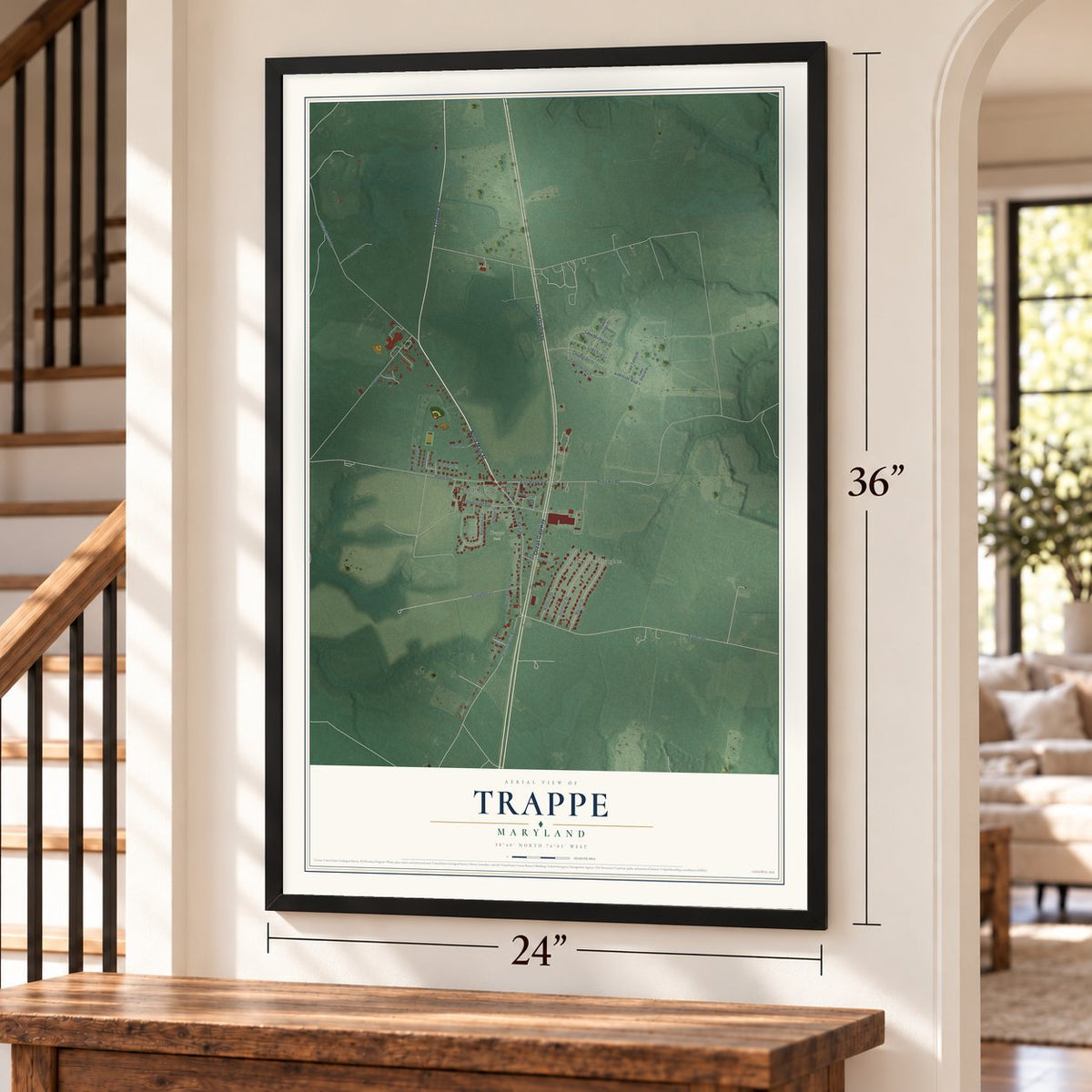 Trappe, Maryland map, 24 x 36 inch print in a black frame by a staircase