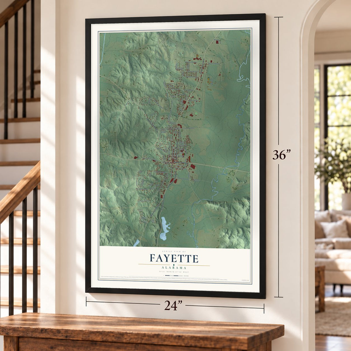 Fayette, Alabama map, 24 x 36 inch print in a black frame by a staircase