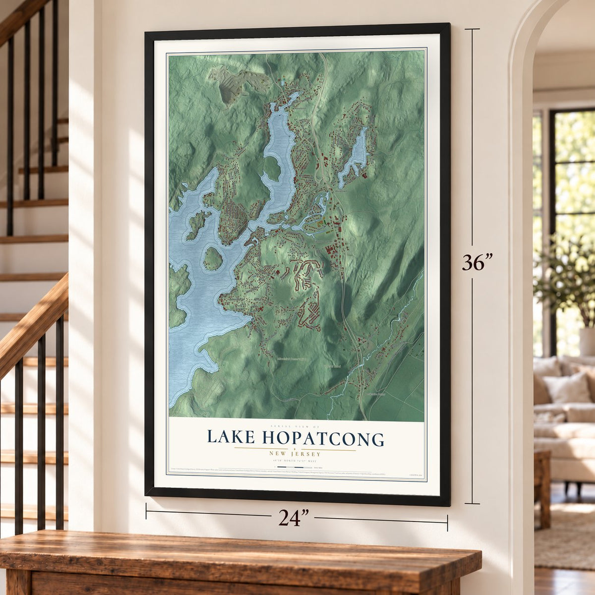 Lake Hopatcong, New Jersey map, 24 x 36 inch print in a black frame by a staircase