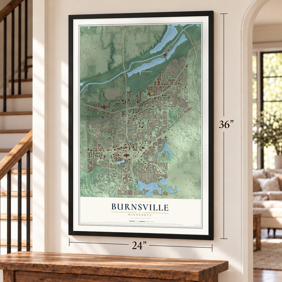 Burnsville, Minnesota map, 24 x 36 inch print in a black frame by a staircase