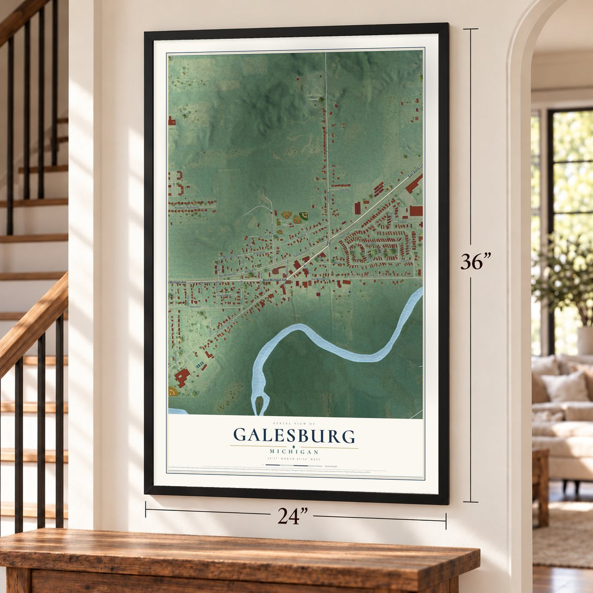 Galesburg, Michigan map, 24 x 36 inch print in a black frame by a staircase