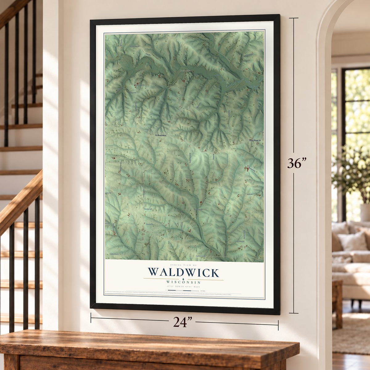 Waldwick, Wisconsin map, 24 x 36 inch print in a black frame by a staircase