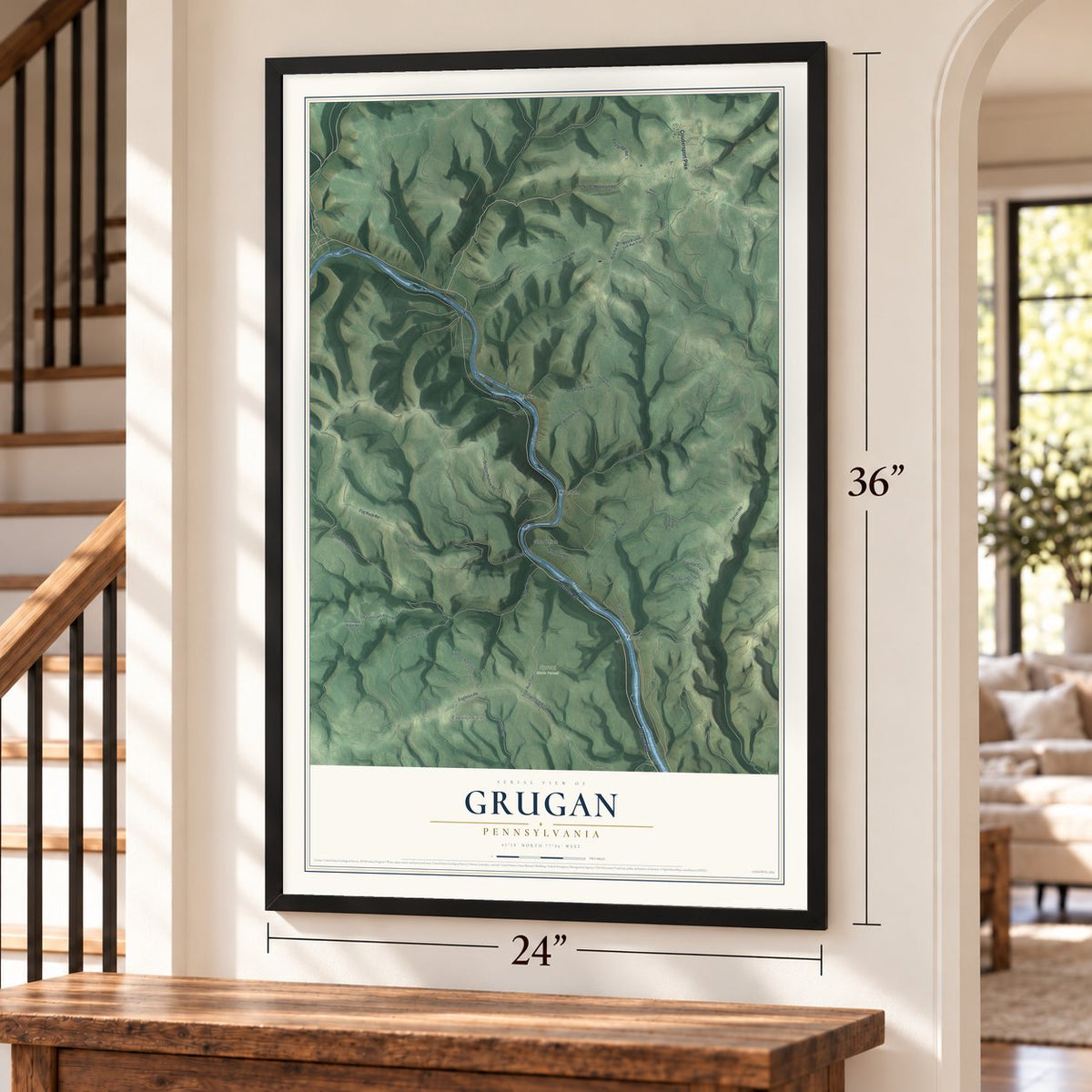 Grugan, Pennsylvania map, 24 x 36 inch print in a black frame by a staircase