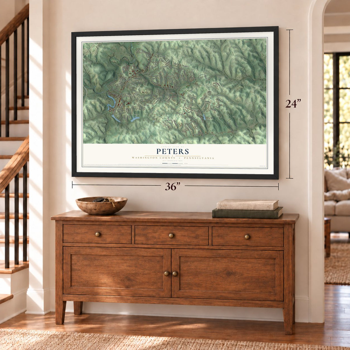 Peters, Washington County, Pennsylvania map, 24 x 36 inch print in a black frame above a dresser by a staircase